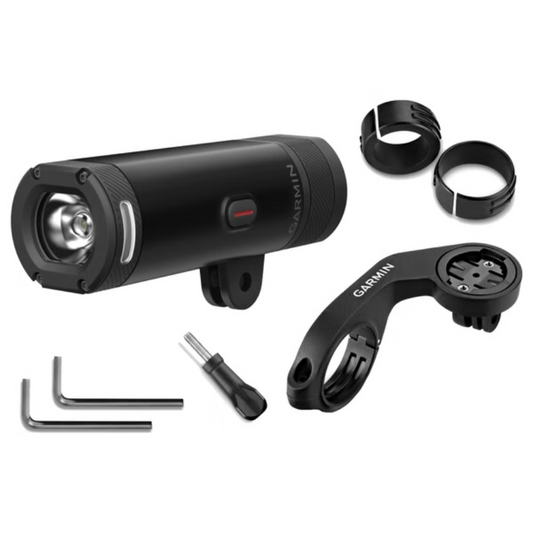 Garmin Varia UT800 smart cycling headlight showing compact low profile black cylindrical aluminum casing high intensity front LED lens out front handlebar mount attachment arm charging cable ports and integrated side amber visibility windows - Epic Sports Kenya