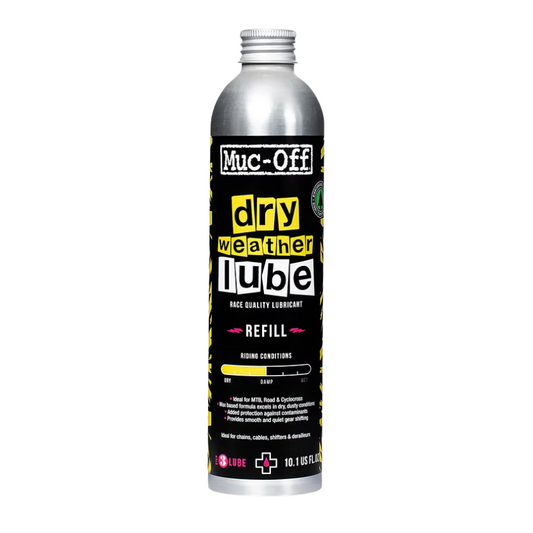Muc-Off Bio Dry Weather chain lube fluid bottle bulk workshop professional three hundred milliliter sizing showing large ergonomic black container precision pipette dropper nozzle tip neon green compound accents and fully biodegradable plant based product labels - Epic Sports Kenya