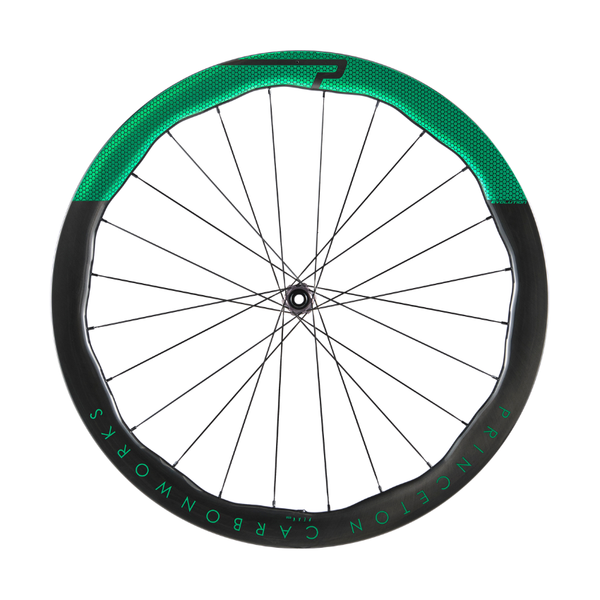 Princeton CarbonWorks Peak 4550 Evolution carbon road climbing wheelset showing iconic wavy sinusoidal 45mm 50mm variable depth profile bladed sapim cx ray spokes tactic racing hubs matte carbon finish chrome graphics - Epic Sports Kenya