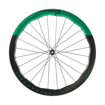 Princeton CarbonWorks Peak 4550 Evolution carbon road climbing wheelset showing iconic wavy sinusoidal 45mm 50mm variable depth profile bladed sapim cx ray spokes tactic racing hubs matte carbon finish chrome graphics - Epic Sports Kenya
