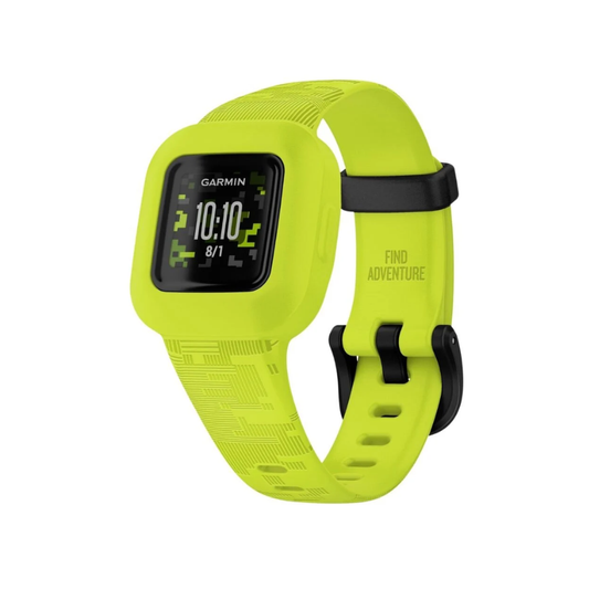 Garmin vivofit jr 3 kids activity tracker showing durable square case body daylight readable sixty four color transflective memory in pixel display step counting screens and secure comfortable patterned silicone sport buckle band - Epic Sports Kenya