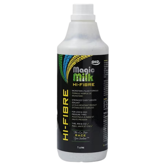 OKO Magic Milk Hi-Fibre Race Sealant one liter plastic bottle showing bold red and black label graphics detail prominent World Cup team logos and integrated translucent side dosage markings - Epic Sports Kenya
