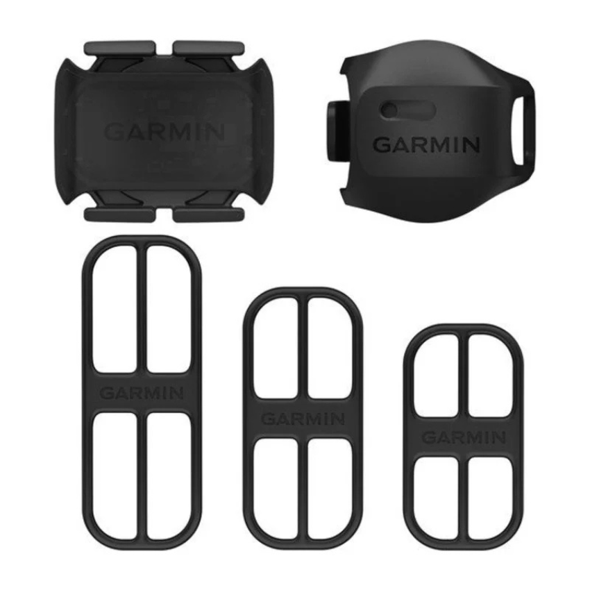 Garmin bike speed sensor two and cadence sensor two bundle showing compact black magnet free accelerometer cases stretchable rubber mounting bands ant plus and bluetooth sensor tracking branding - Epic Sports Kenya