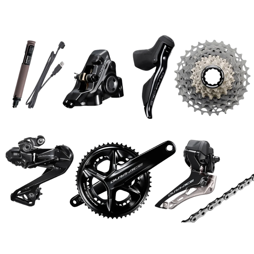 Shimano Dura Ace Di2 R9270 road bike wireless electronic groupset bundle showing hollow forged aluminum two by twelve speed fifty thirty four tooth crankset one hundred and seventy five millimeter arms twelve speed eleven thirty four tooth cassette front and rear electronic derailleurs flat mount hydraulic disc brake calipers threaded BB R9100 BSA bottom bracket and integrated dual control shift levers - Epic Sports Kenya