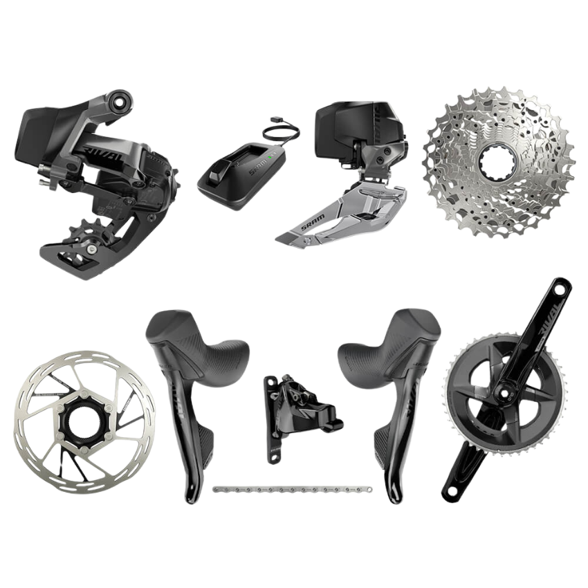 SRAM Rival AXS HRD E1 road bike wireless electronic groupset bundle showing alloy two by twelve speed forty eight thirty five tooth crankset one hundred and seventy millimeter arms twelve speed ten thirty tooth cassette front and rear wireless derailleurs flat mount hydraulic disc brake calipers and integrated shift levers - Epic Sports Kenya