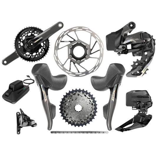SRAM Force AXS HRD E1 road bike wireless electronic groupset bundle showing carbon fiber two by twelve speed fifty thirty seven tooth crankset one hundred and seventy two point five millimeter arms twelve speed ten thirty three tooth cassette front and rear wireless derailleurs flat mount hydraulic disc brake calipers threaded DUB BSA bottom bracket and integrated shift levers - Epic Sports Kenya