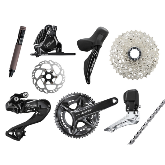 Shimano 105 Di2 R7170 2x12 speed electronic road cycling groupset displaying its aluminum hollowtech II crankset dual wireless hydraulic levers front derailleur rear derailleur with charging port 12 speed cassette and flat mount hydraulic calipers - Epic Sports Kenya