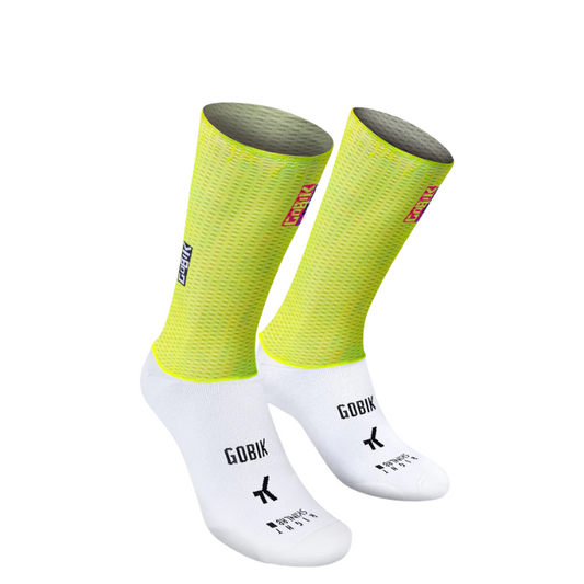 Gobik Vortex 2.0 unisex aerodynamic cycling socks in Liquid Lime neon yellow green showing micro perforated ribbed tall upper body hemless cuff design and white footbed - Epic Sports Kenya