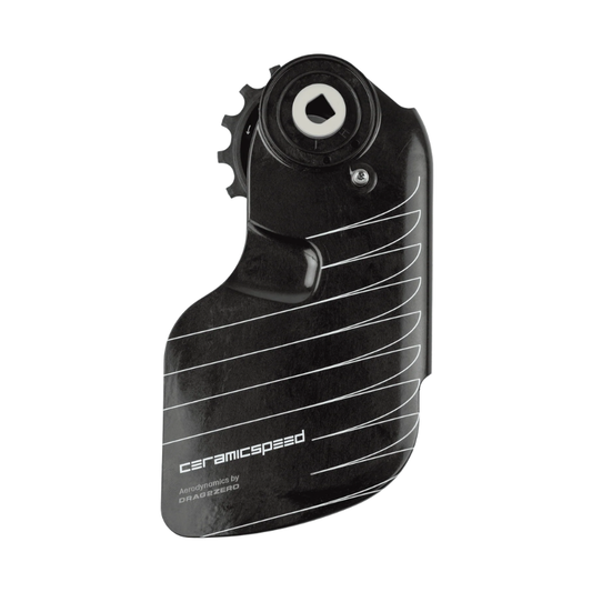 CeramicSpeed OSPW Aero Alpha aerodynamic oversized pulley wheel system for SRAM Red and Force AXS derailleurs showing sculpted black carbon fiber aerodynamic fairing shell active debris shroud technology hand built ceramic bearing logos and premium factory packaging - Epic Sports Kenya