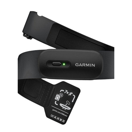 Garmin HRM 200 wireless chest strap heart rate monitor displaying slim black low profile central pod transmitter module front push button status indicator LED and soft premium elastic tracking band - Epic Sports Kenya