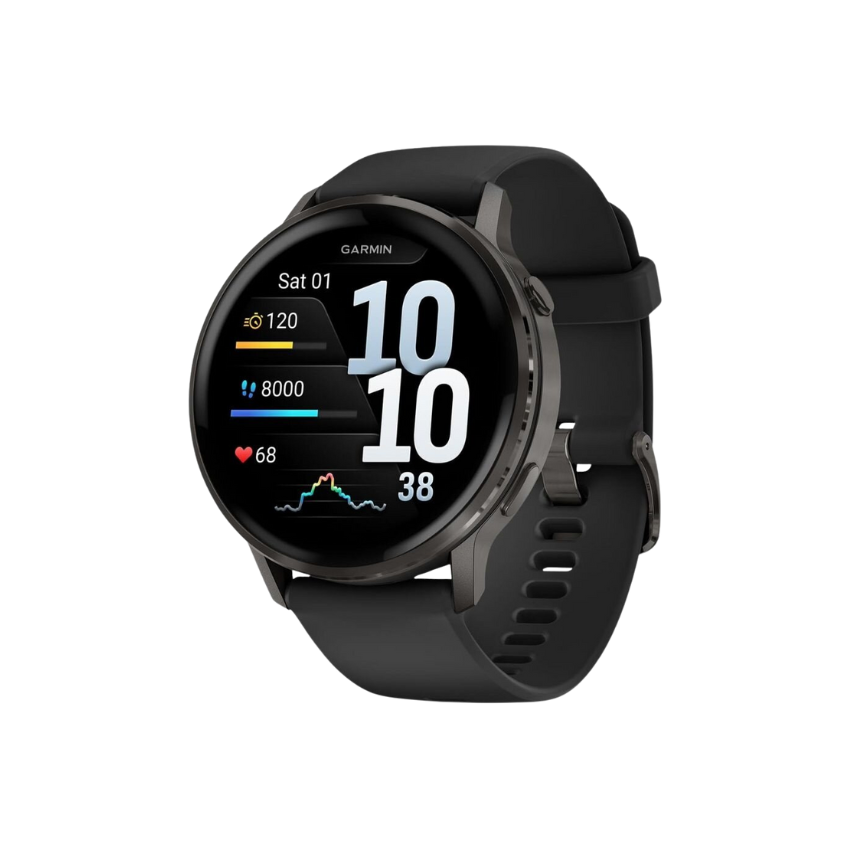 Garmin Venu 4 premium lifestyle fitness GPS smartwatch forty five millimeter size showing sleek slate gray stainless steel bezel chassis vivid one point four inch AMOLED color touchscreen menu display integrated side speaker microphone slots and built in flashlight lens - Epic Sports Kenya
