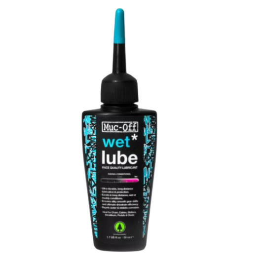 Muc-Off Bio Wet Weather chain lube fluid bottle compact portable fifty milliliter sizing showing ergonomic black container precision pipette dropper nozzle tip neon blue compound accents and fully biodegradable plant based waterproof product labels - Epic Sports Kenya