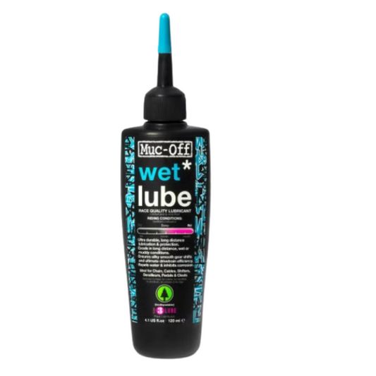 Muc-Off Bio Wet Weather chain lube fluid bottle medium home workshop one hundred and twenty milliliter sizing showing ergonomic black container precision pipette dropper nozzle tip neon blue compound accents and fully biodegradable plant based waterproof product labels - Epic Sports Kenya