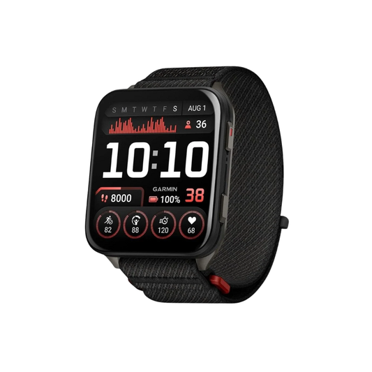 Garmin Venu X1 premium lifestyle and fitness GPS smartwatch displaying revolutionary ultra thin seven point nine millimeter profile square edge to edge two inch AMOLED display face carbon gray slate titanium caseback design soft comfortfit woven nylon strap band integrated microphone speaker slots and built in flashlight arrays - Epic Sports Kenya