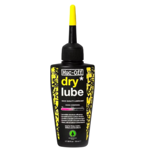 Muc-Off Bio Dry Weather chain lube fluid bottle compact portable fifty milliliter sizing showing ergonomic black container precision pipette dropper nozzle tip neon green compound accents and fully biodegradable plant based product labels - Epic Sports Kenya