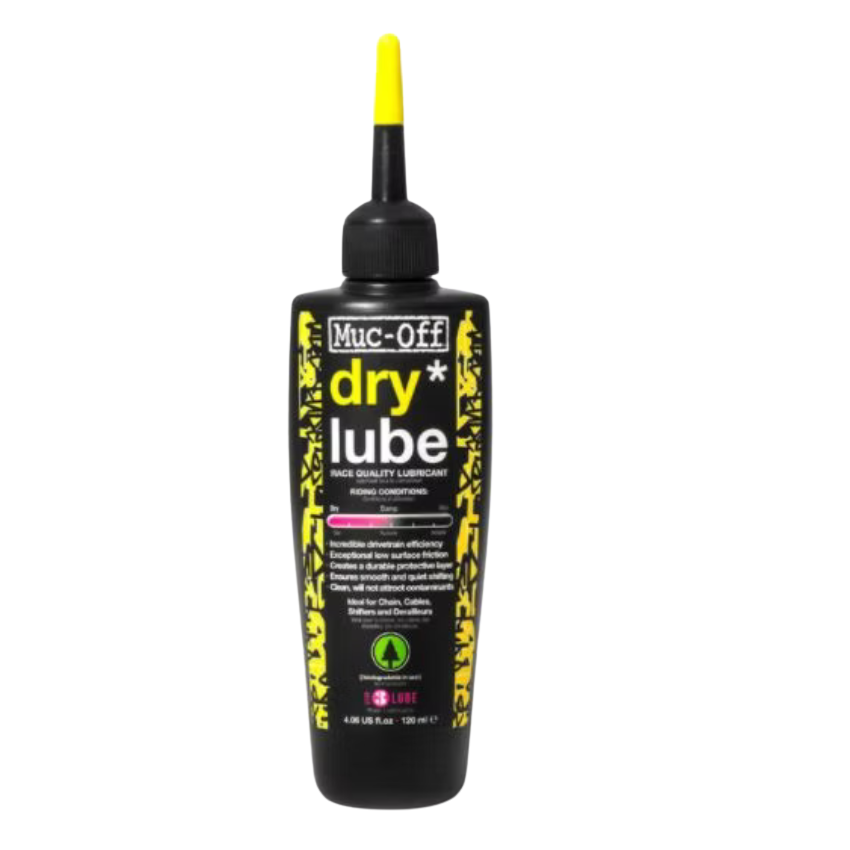 Muc-Off Bio Dry Weather chain lube fluid bottle showing ergonomic black container precision pipette dropper nozzle tip neon green compound accents and fully biodegradable eco friendly product labels - Epic Sports Kenya