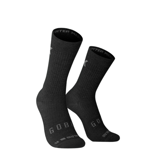 Gobik unisex winter merino thermal cycling socks in deep coal dark grey featuring high rise cuffs and reinforced seamless heel and toe panels - Epic Sports Kenya