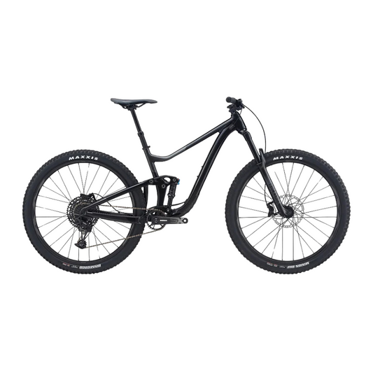 Giant Trance X 29 3 full suspension mountain bike in metallic Black Chrome displaying its rugged ALUXX SL alloy frame Maestro rear suspension shock RockShox 35 Gold fork and Maxxis tubeless tires - Epic Sports Kenya